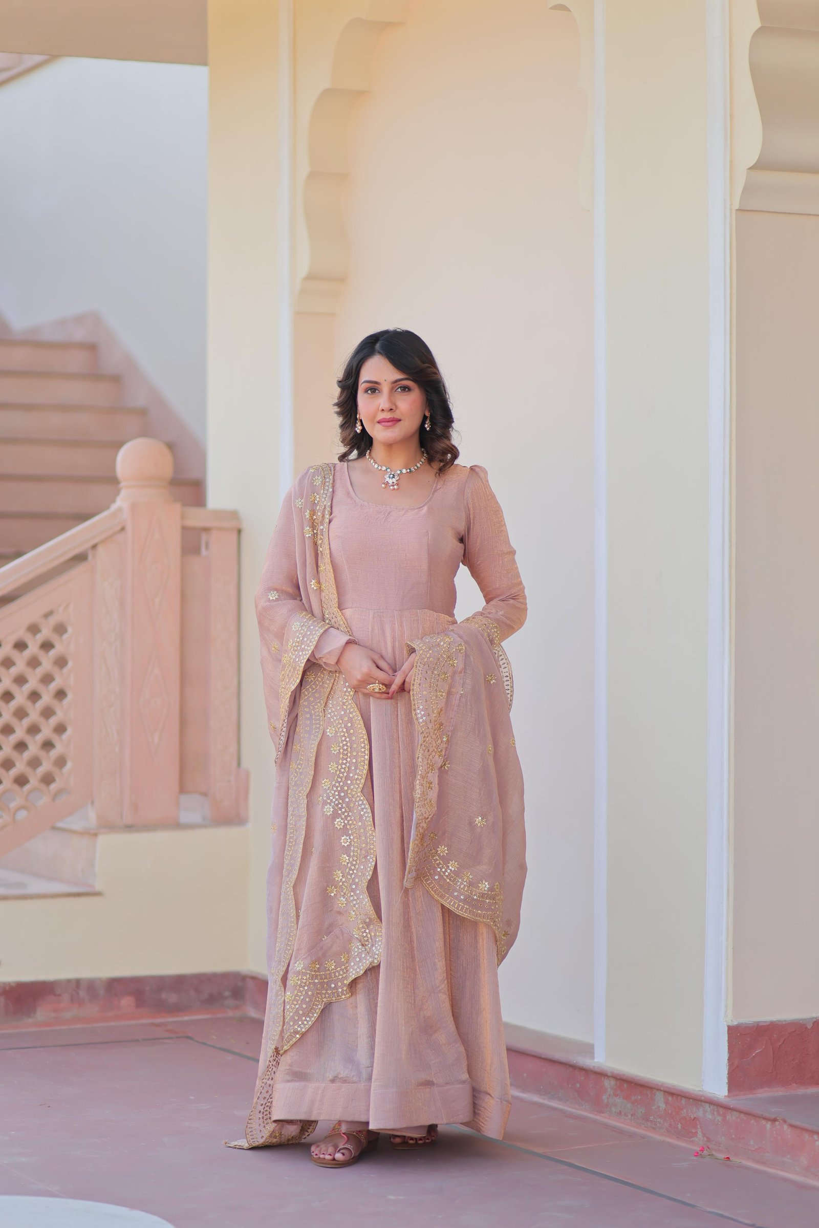 Elegant Fendi Silk Gown with Embroidered Dupatta